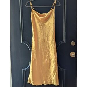 Vtg Y2K Bebe Yellow Gold Satin Slip Dress Sz XS Midi Cowl Neck Minimalist Fairy